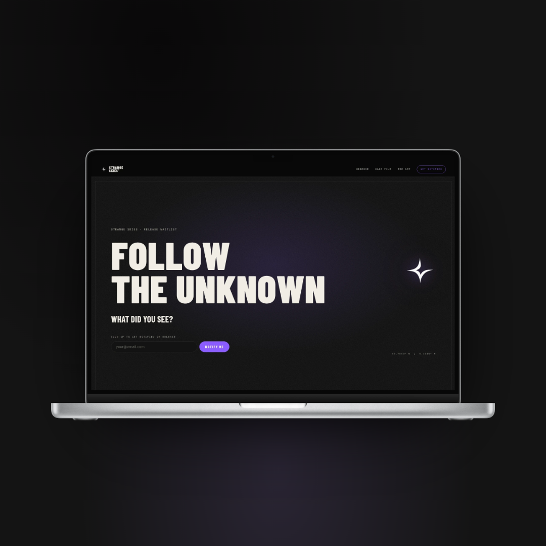 Strange Skies UAP tracking app landing page mockup built by Swift7