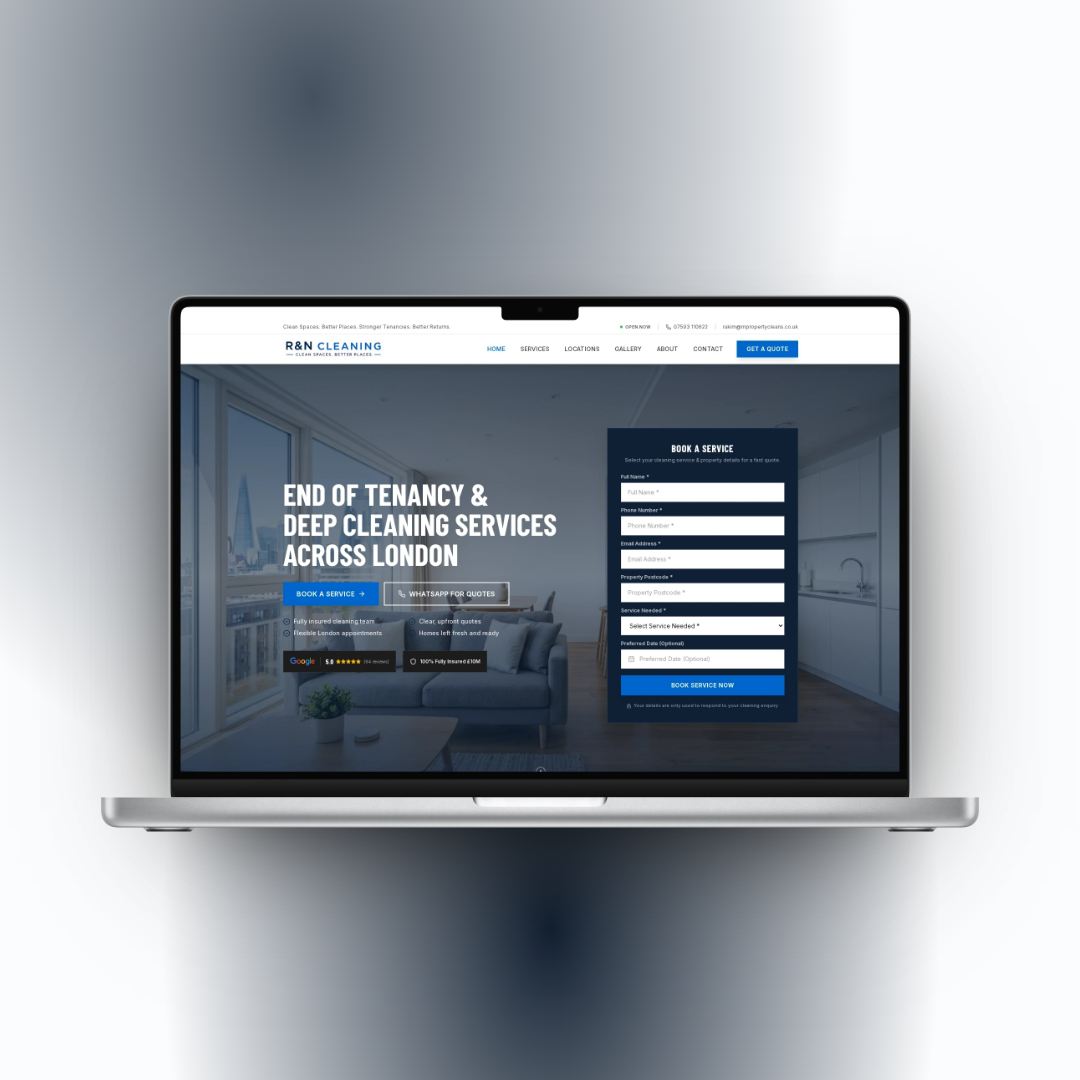 R&N Property Cleans website screenshot — built by Swift7